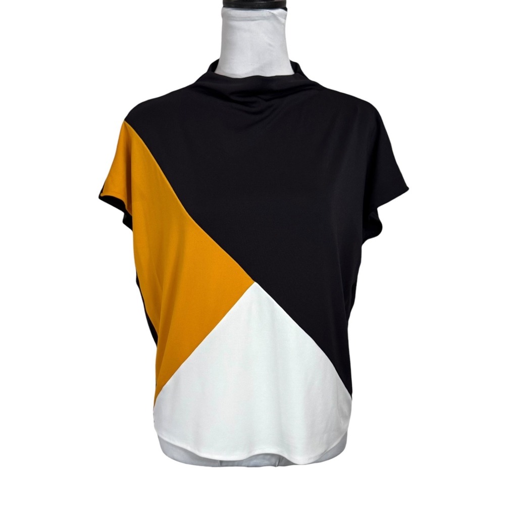 Alfani Knit Colorblock Blouse Size S Draped High Neck Top Minimalist Career Work